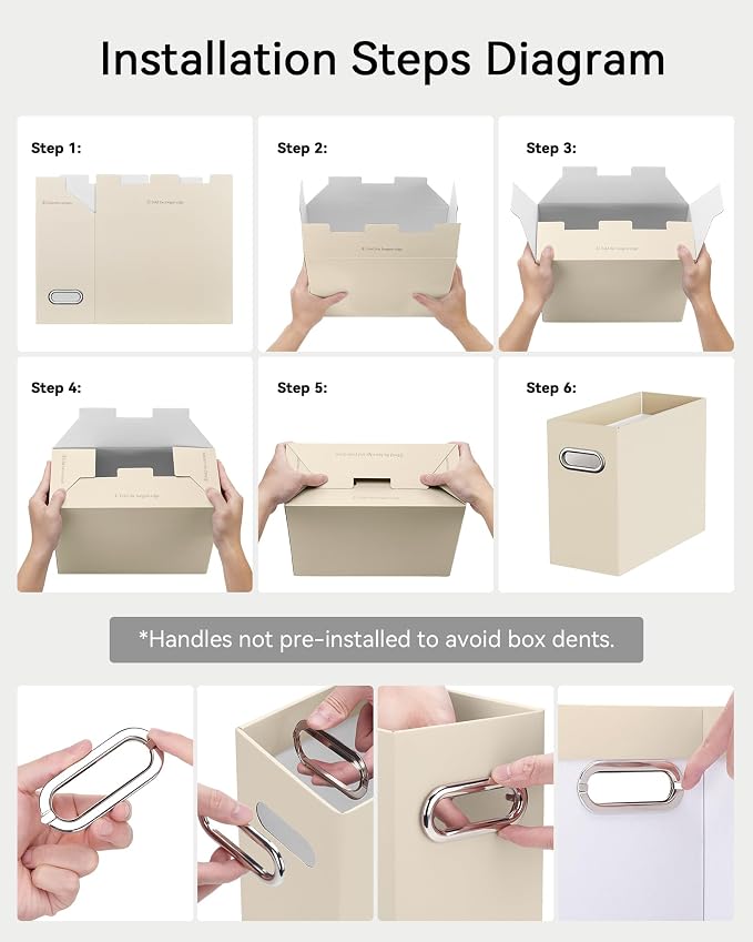 Portable Collapsible Cardboard File Box with Handle for Letter-Size | 6-Pack. Stainless Steel Handle. Label Stickers Included. Fits Letter Folders (Not Included). Home, Office, School, Dorm, Tax.