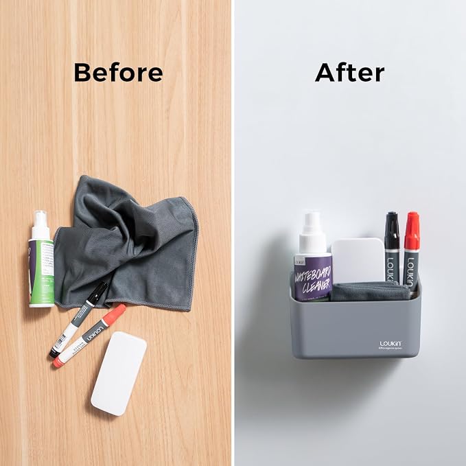 loukin Magnetic & Adhesive Marker Holder, Whiteboard Accessory Tray, Grey | 5.3" × 2.2", Holds 1 Eraser and 8 Markers, Supports up to 3.3 lb, 2 Mounting Options, Fits Glass and Refrigerators