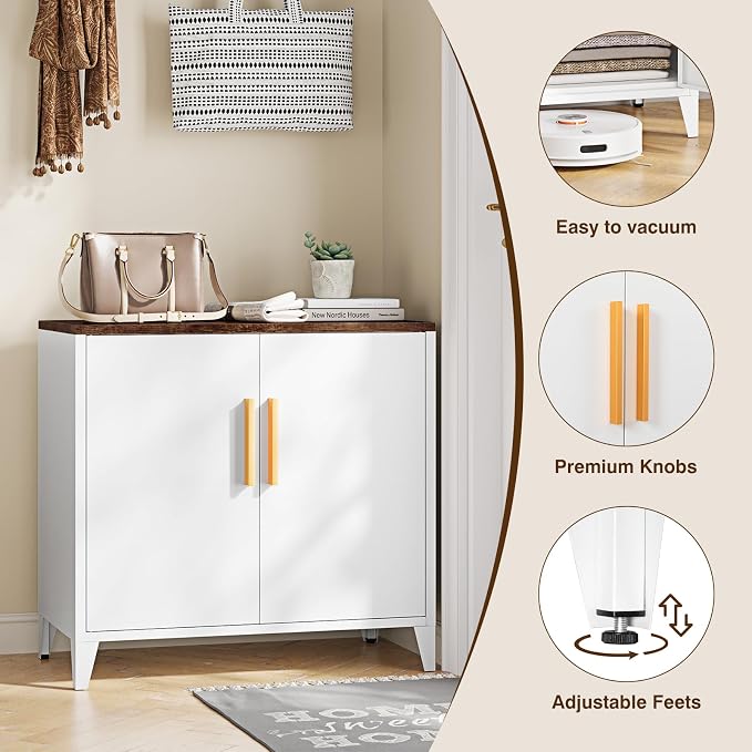 Metal Storage Cabinet with 2 Doors and Shelves 16" Dx 32" Wx30 H,Small Buffet Sideboard Short Cabinet for Kitchen Dining,Office Credenza Locker Modern Coffee Bar,Entryway Bathroom(White)