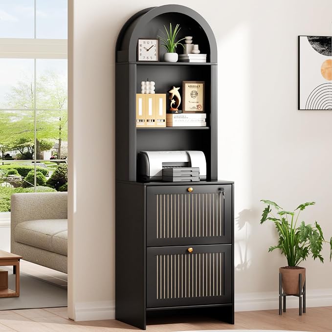 64.8"H Arched 2 Drawer File Cabinet, Farmhouse Vertical Cabinet with Lock | Vertical Filing Cabinet Fits Letter,Legal,A4 Hanging Folders,with Printer Stand Storage Bookshelf for Home Office,Living Room