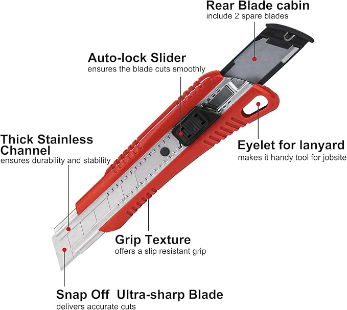 HAUTMEC 10PCS 25mm Utility Knife, Heavy Duty Auto-Lock, Retractable Box Cutter with 2pcs Spare Snap-off Sharp Blades HT0080-10PC