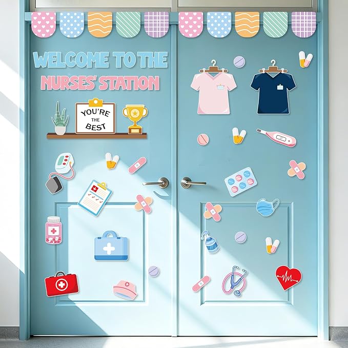 67Pcs School Nurse Bulletin Board Decorations Set, Welcome Back to School Classroom Decorations Kit, Nursing Appreciation Office Decor Medical RN Cutouts Healthcare Workers Chalkboard Door Wall Decor