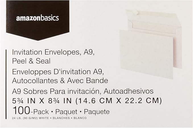 Amazon Basics A9 Blank Invitation Mailing Envelopes, Peel & Seal, No Licking, 5-3/4 x 8-3/4 Inches, White, Pack of 100