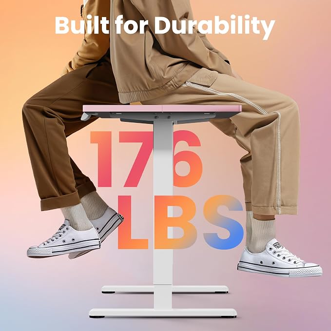 HUANUO 32x19 Inch Small Electric Standing Desk, Adjustable, Pink | 176 Lbs Capacity, Rounded Corners, Wheel-Ready Feet, Compact Desktop, Apartment Workspace, 28.3–46.5 Inch Height Range