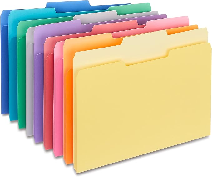 Staples File Folders, Letter Size, 1/3‑Cut Tabs, Assorted Colors, Durable Paper Stock, 200/Carton