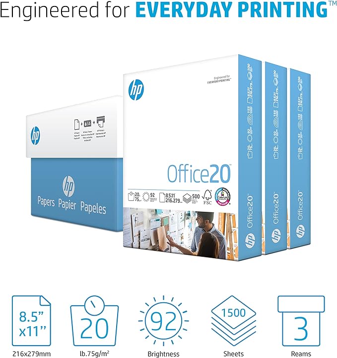 HP Printer Paper | 8.5 x 11 Paper | Office 20 lb | 3 Ream Case - 1500 Sheets | 92 Bright | Made in USA - FSC Certified | 112090C, White