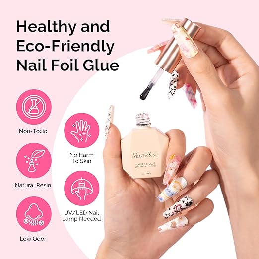 MelodySusie 2PCS Nail Foil Glue Gel and 2PCS Stamping Plates, 15ML Soak Off LED/LUV Foil Transfer Adhesive for Nail Art, Professional Strong Sticky Base for Nail Foils & Stickers