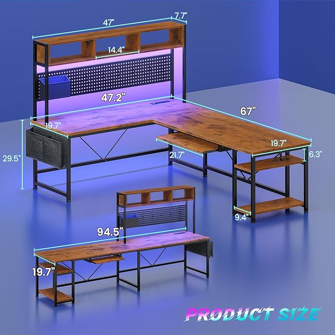 SEDETA L Shaped Computer Desk, Reversible Corner Desk with Power Outlet | Gaming Desk with Pegboard, Led Lights, Keyboard Tray, Headphone Hook and Storage Shelves, Rustic Brown