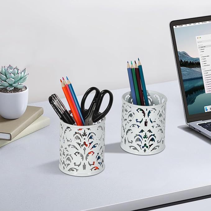 EasyPAG White Pen Holder for Desk, 2 Pack Round Pen Organizer, Brush Holder for Vanity, Metal Pencil Cup Organizer for Home, Office, Classroom, School