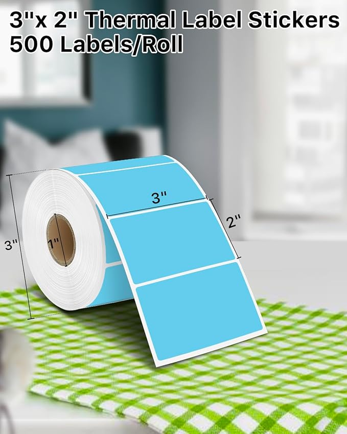 iEager 3" x 2" Thermal Labels, Rectangle Thermal Printer Stickers, Self-Adhesive Durable Sticker with Perforation Line, 500 Labels/Roll, Blue