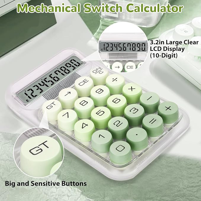 Cute Calculator, Mechanical Switch Calculator, Calculators Desktop 10 Digits, Desk Calculator with Big Buttons and LCD Display,Battery Power,Basic Small Calculator for School Home Office(Green)