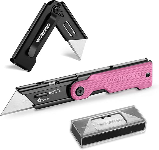 WORKPRO Folding Utility Knife with 10 Extra SK5 Blades, EDC Razor Sharp Knife with G10 Handle, Quick Change Box Cutter with Belt Clip, for Heavy Duty, DIY, Home, Office & Artcraft Use - Pink