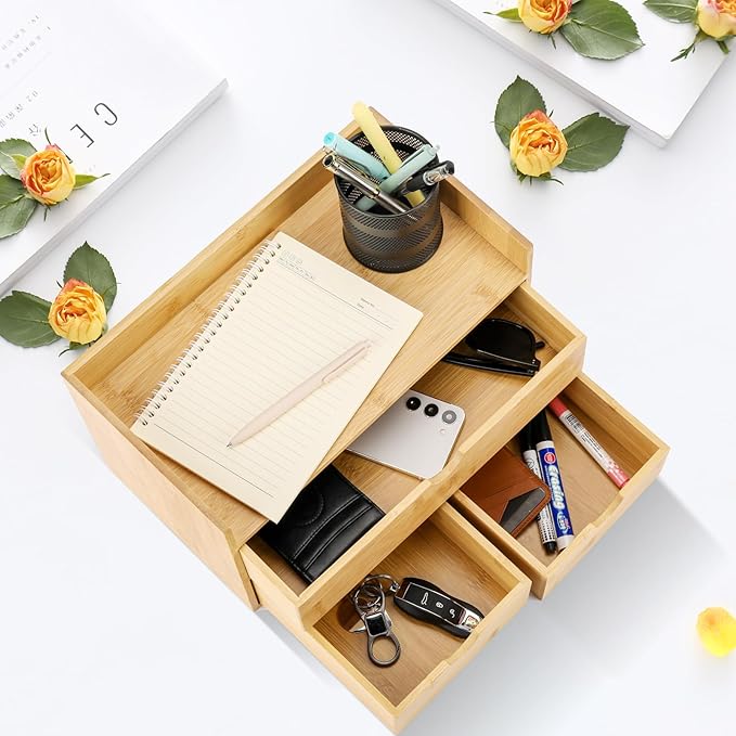 Bamboo Desk Organizer With Drawers Countertop Drawers Counter Storage Box Corner Desk Organizer for Home Office No Assembly Required (3 Drawers with shelf)