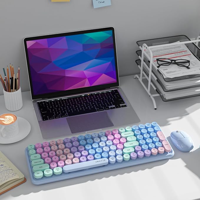 UBOTIE Wireless Keyboards and Mouse Combo (Purple Rainbow) | Colorful Gradient Rainbow Color Retro Typewriter Flexible Keyboard, 2.4GHz Connection and Optical Mouse for PC Wins Mac