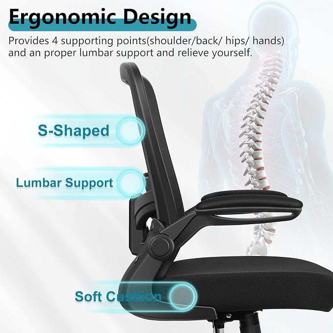 FelixKing Office Chair, Ergonomic Desk Chair Breathable Mesh Chairs Adjustable High Back Lumbar Support Flip-up Armrests, Executive Rolling Swivel Comfy Computer Chairs Home Office Black