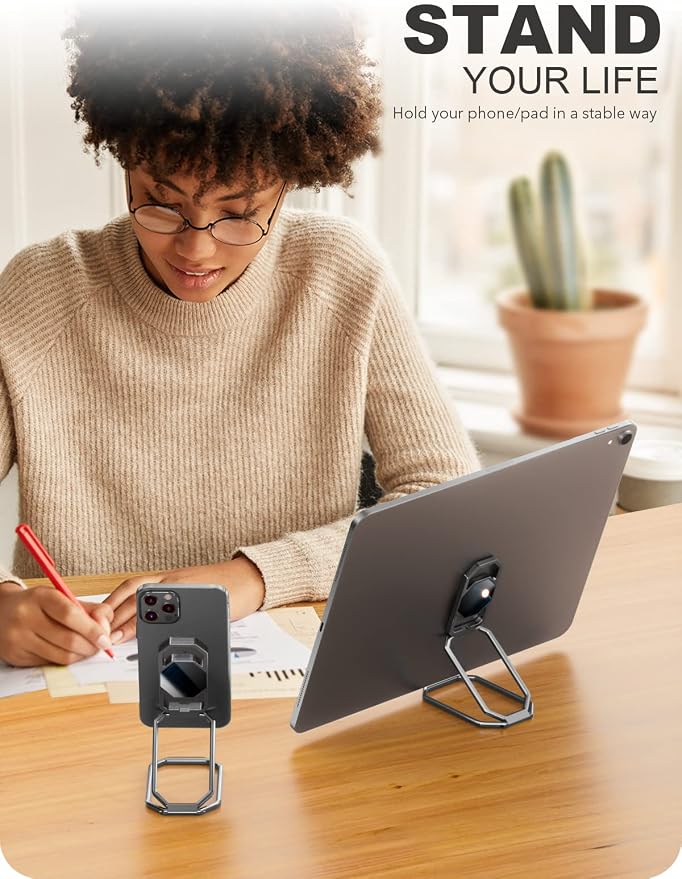 A-LuGei 𝗙𝗼𝗹𝗱𝗮𝗯𝗹𝗲 & 𝗔𝗱𝗷𝘂𝘀𝘁𝗮𝗯𝗹𝗲 Phone Kickstand Ring Holder, Magnetic Cell Phone Grips, Phone Stand for Desk, Adhesive Phone Holder for Hand, 360° Rotation Ring for Back of iPhone Case
