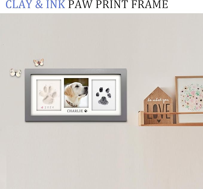 MYPAWLETS Paw Print Frame Kit,Dog/Cat Paw Print Kit,Soft Pawprint Clay&Clean Touch Ink Pad,Pet Paw Print Impression Kit with Customization Tool,Wooden Pet Memorial Frame,DIY Dog Lover Gifts-Grey