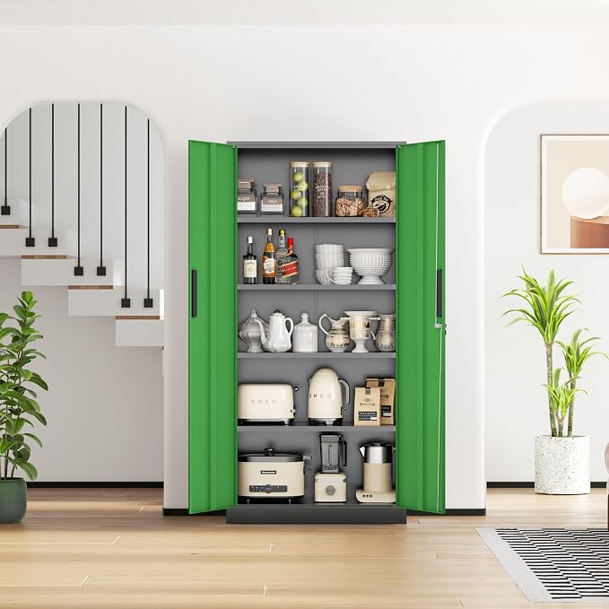 Metal Storage Cabinet, 72" Locking Steel Cabinets with 2 Door and 4 Adjustable Shelves, Tall Metal Cabinet for Home Office, Garage, Warehouse,(Black+Green)