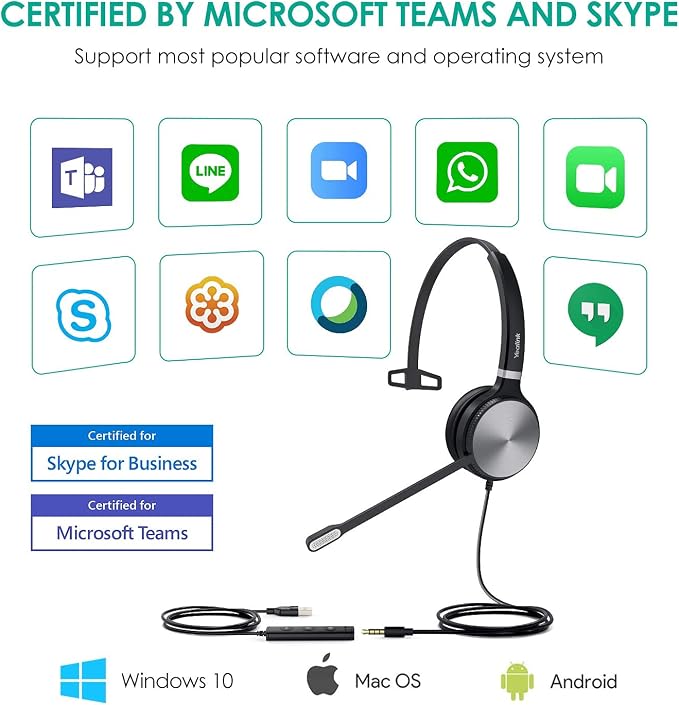 Yealink UH36 USB Headset with Mic 3.5mm Wired Headphones for PC Computer | Mono USB-A Headset with Noise Cancelling Microphone 3.5mm Jack Work Headphones for Office Call Center PC Laptop UC Compatible