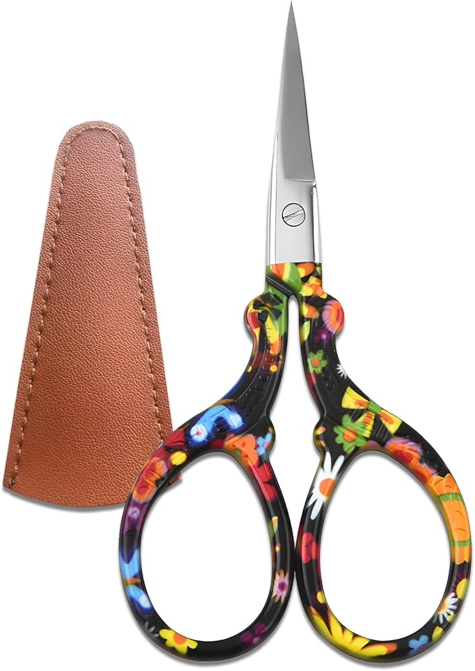 Sharp Embroidery and Crafting Scissors with Leather Cover, 3.62 inch Stainless Steel Stork Shaped Scissors for Needlework and DIY Crafts, Black Flower, J5064