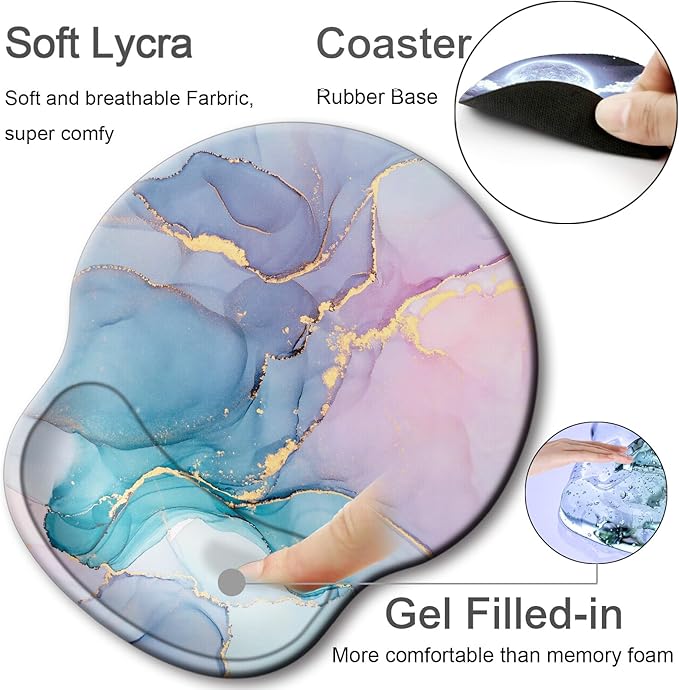 Ergonomic Mouse Pad with Wrist Support Rest,Large Mousepad Gel Wrist Rest, with Coaster Non-Slip & Pain Relief for Computer, Desk, Home&Office-Blue Marble
