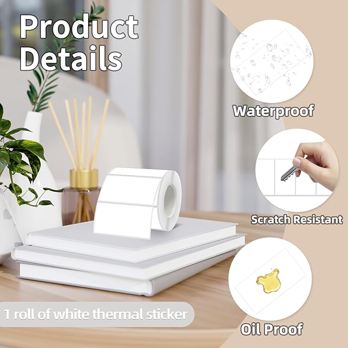 Starboling 2x1 Thermal Labels,Address Barcode Self-Adhesive Thermal Printer Stickers for Logo Design,Name/Price Tag,Address（White）
