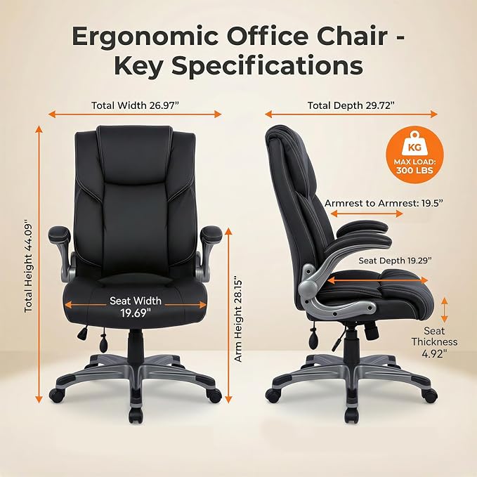 COLAMY Ergonomic Executive Office Chair, High Back Desk Chair with Adjustable Lumbar Support, Flip-Up Armrests & Thick Seat Cushion, 90°–110° Reclining Computer Chair for Home Office,Set of 2