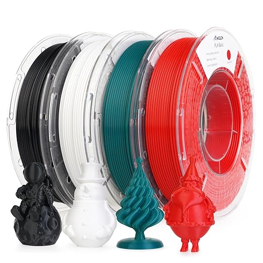 AMOLEN PLA 3D Printing Filament Bundle 1.75mm, Black White Red Green 250g X 4 Spools Pack 3D Printier Filament, 1KG/2.2 lb in Total, Compatible with Most FDM Printer and 3D Pen