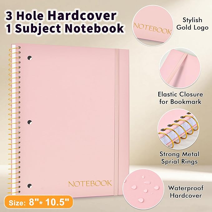 Spiral Notebook Graph Ruled Paper 8" x 10 1/2", 1 Subject Spiral Grid Notebook 3-Hole Punched Perforated Page Ideal for School, Office, Writing, 95 Sheets Lined Journaling Graphing Notebook, Pink