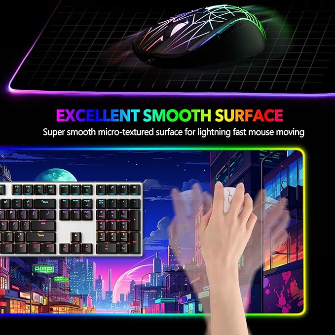 AIMSA RGB Gaming Mouse Pad, Large Mousepad with 14 Led Light Modes, Keyboard Pad Gaming Accessories for Desk, Non-Slip Rubber Base Mouse Mat for Gamer, Modern Urban Night Scene