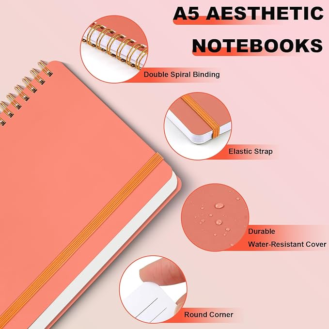 4 Pack A5 Spiral Journal Notebook, Lined Notebooks for Work, Note Taking, School, Writing, Spiral Bound Journaling Notebooks 8.3x5.8 Inch with Strap, Cute Notebooks for Women 57 Sheets