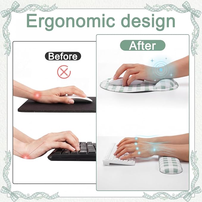 Green Gingham Desk Mat Set with Wrist Rest, Ergonomic Design, Scalloped Edge Keyboard Mouse Pad Set Large 35.4x15.7 Inch, Memory Foam Wrist Support, Non-Slip Desk Pad Home Office Decor
