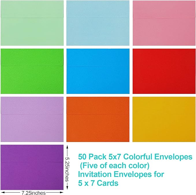 50 Pack Colored Envelope, 5x7 Envelopes, A7 Envelopes for Invitations, Printable Invitation Envelope for Weddings, Invitations, Photos, Postcards, Greeting Cards, Mailing