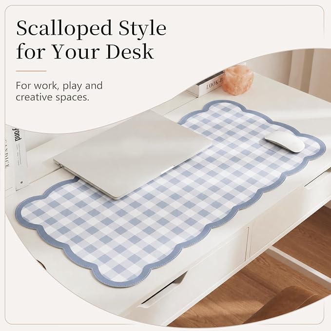Ohocut Scalloped Gingham Checkered Desk Pad，Blue：31.5" x 15.7" | Large, Premium Faux Leather, Anti-slip Bottom, Water Repellent, Easy to Clean, Aesthetic Trendy Design