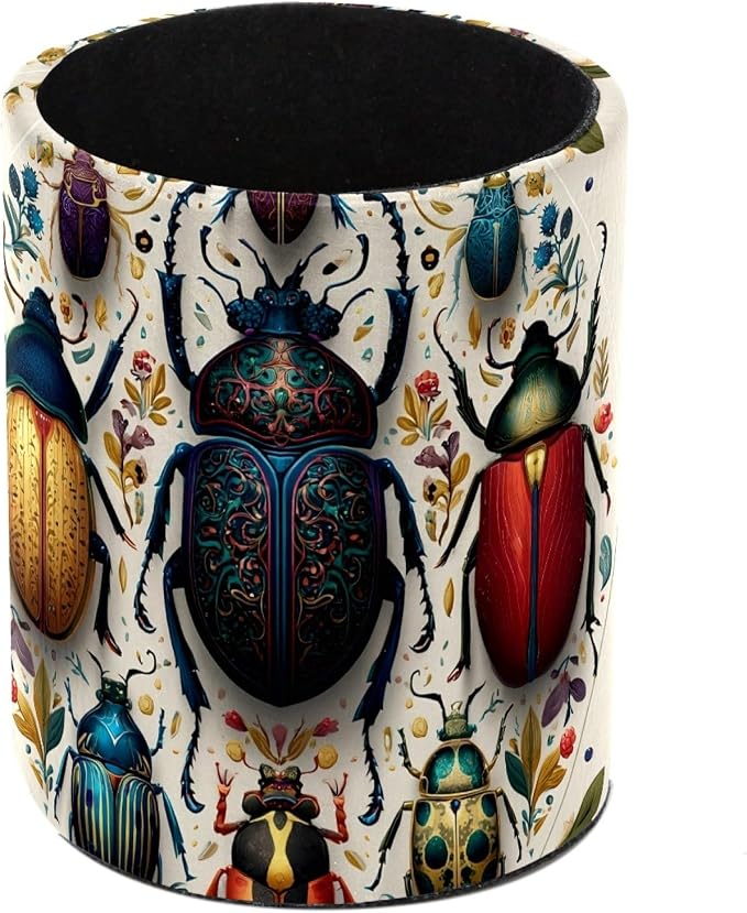 Leather Pen Holder for Desk, Circular Beetle Pencil Cup Pen Organizer Makeup Brush Holder for Office Home Kids Countertop Desk Accessory Storage
