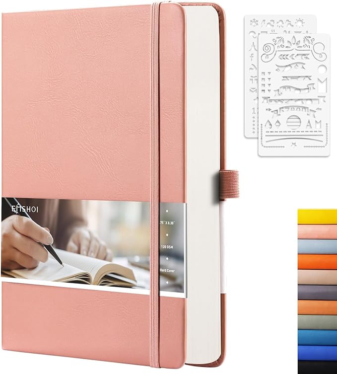 EMSHOI A5 Dotted Notebook Hardcover Leather Journal, 256 Pages 120gsm Thick Paper A5 Journal 5.75"x8.38", 16 Perforated Pages & Inner Pocket, Durable Dot Grid Notebook for Bullet Journaling, Pink