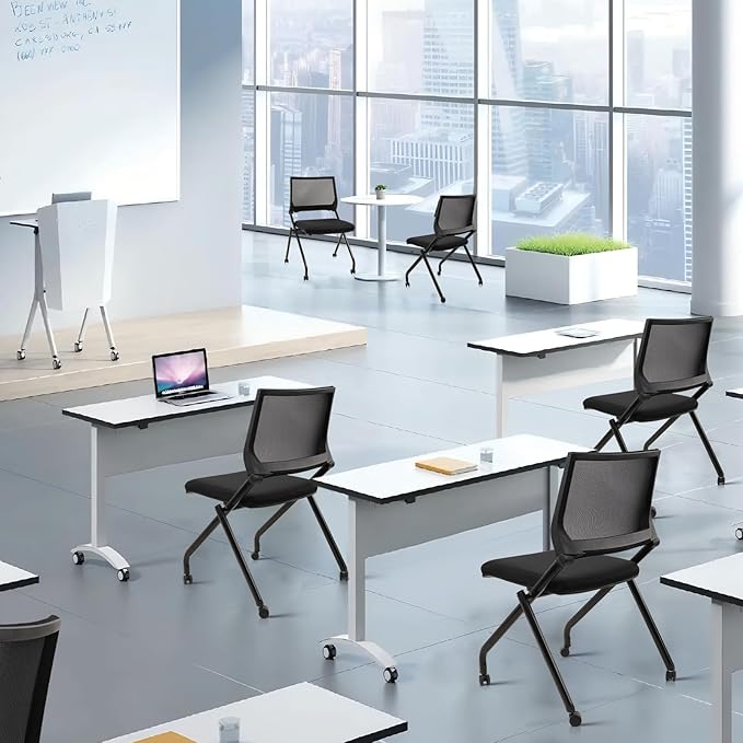 CLATINA Stackable & Foldable Conference Room Chairs, Waiting Room Chairs with Wheels & Lumbar Support, Ergonomic Mesh Bouncing Back Folding Chair for Office Meeting Schools Training, Black