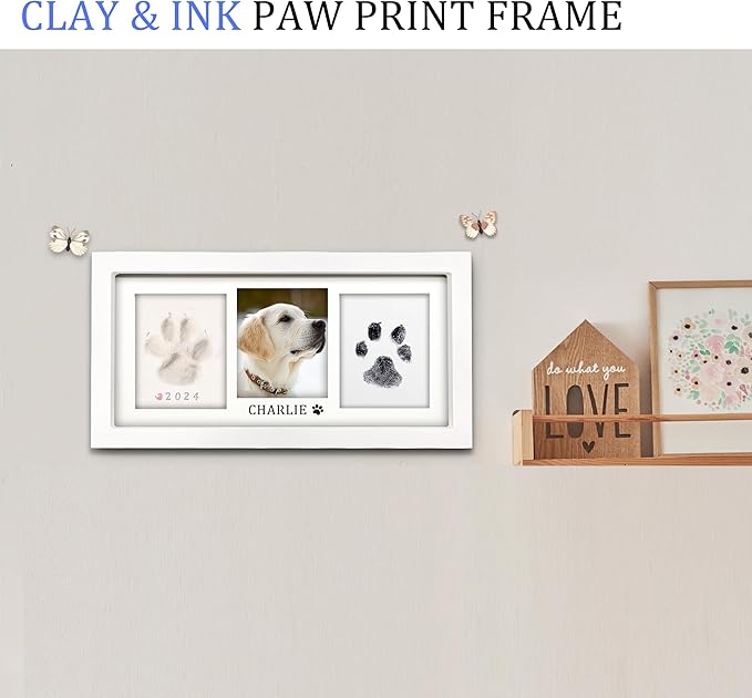 MYPAWLETS Paw Print Frame Kit,Dog/Cat Paw Print Kit,Soft Pawprint Clay&Clean Touch Ink Pad,Pet Paw Print Impression Kit with Customization Tool,Wooden Pet Memorial Frame,DIY Dog Lover Gifts-White