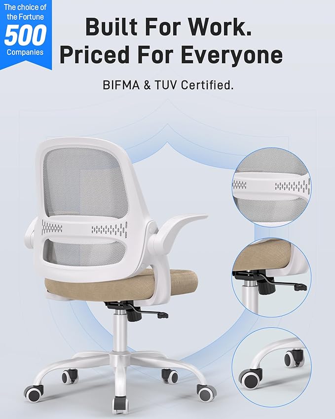 Ergonomic Mesh Office Chair for Home Office, Flip-Up Arms, Breathable Mesh Back & Thick Seat Cushion, Swivel Rolling Computer Desk Chair – BIFMA Certified, Supports 300 lbs (White Frame/Beige Seat)