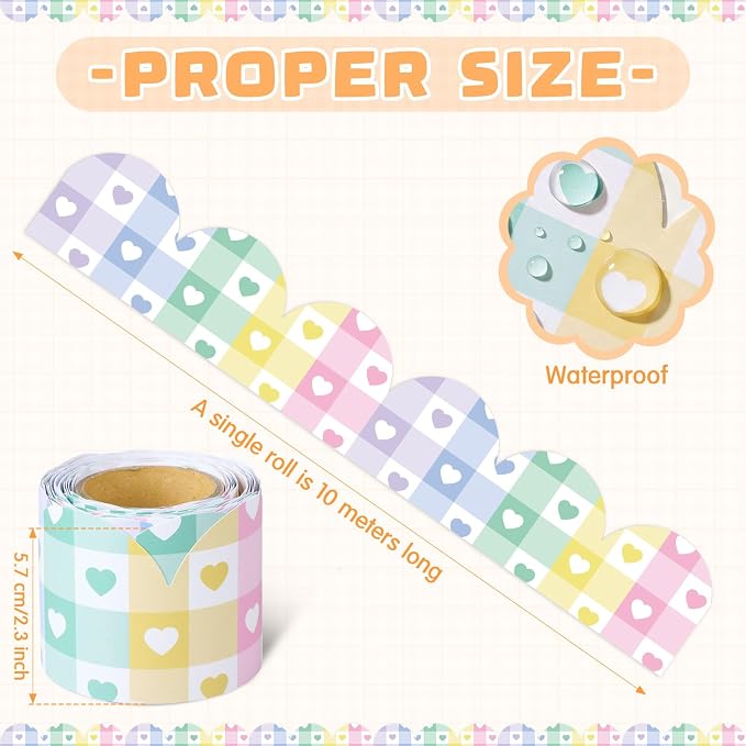 32.8 Ft Pastel Gingham Bulletin Board Borders, Scalloped | Checkered Hearts, Classroom Decor for Teachers, Cute Board Trim, Rainbow Style, Scalloped Paper Strip