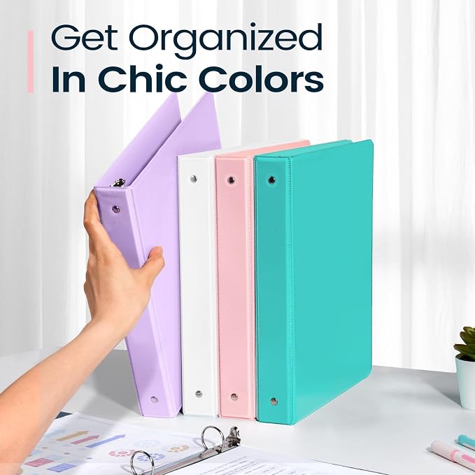 2 Pack BinderX Extra Durable 3 Ring Binder, 1 Inch Binder Round Rings, Fits 350 Sheets of 8.5x11 Paper, Customizable View Cover with Inside Pockets, Cute 1 Inch Binders 3 Ring, Pink & Aqua Blue