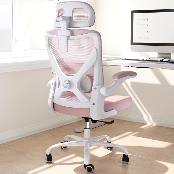 Ergonomic Office Chair: Mesh Desk Chair Comfy with Headrest& Lumbar Support | Ergalithic Big and Tall Office Chairs with Wheels & Flip-Up Arms-Computer Gaming Chairs for Adults Home Office Chairs(Pink)