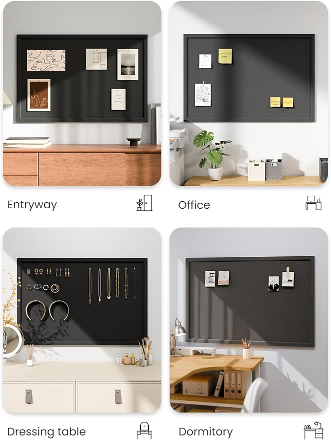 Fluxynara 35.4" x 23.6" Felt Frame Bulletin Board, Black | Cork Board Alternative with 24 Removable Adhesive Tabs, Foldable Pin Board for Wall, Home, Office, Classroom & Dorm