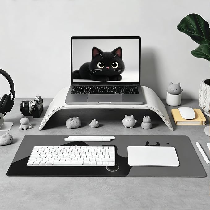 Black Cat Desk Mat,Large Cute Grey Aesthetic Mouse Pad,31.5 x 12 in | Minimalist Kawaii Gaming Mousepad,XL Girly Desk Decor Deskmat for Women,Stain Proof Computer Keyboard Pad,80 x 30 cm