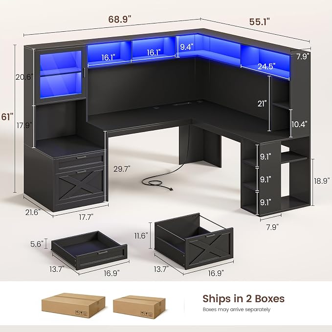 SEDETA Farmhouse L Shaped Computer Desk with Double Hutch, Storage Drawers | 68" Large L Shaped Corner Gaming Desk with LED Lights, Shelves, Display Cabinet, Power Outlet for Home Office, Black