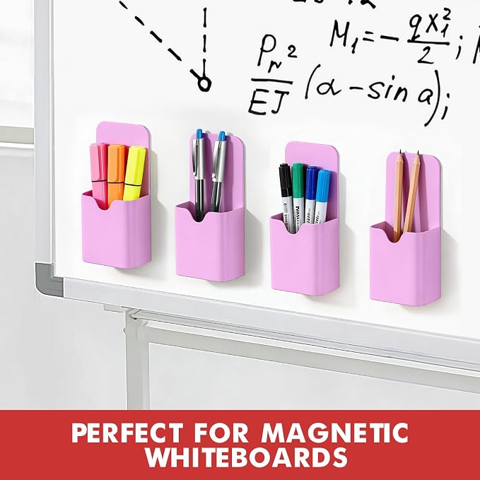 BEYGORM Magnetic Pen Holder for Refrigerator, Pencil Cup Organizer (Purple) | Upgraded 1.5mm thick magnetic backing for whiteboards, lockers & fridge; 4 Pcs dry erase marker holder for classroom & office