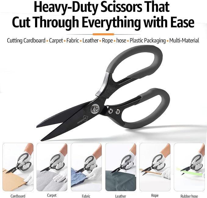 BoFuYuan Heavy Duty Scissors for Cutting Carpet Cardboard Leather Fabric | Stainless Steel Blades, Comfort Grip, Multipurpose Utility Sharp Shears for Kitchen Garden Office Craft Sewing, 8.5 Inch Grey
