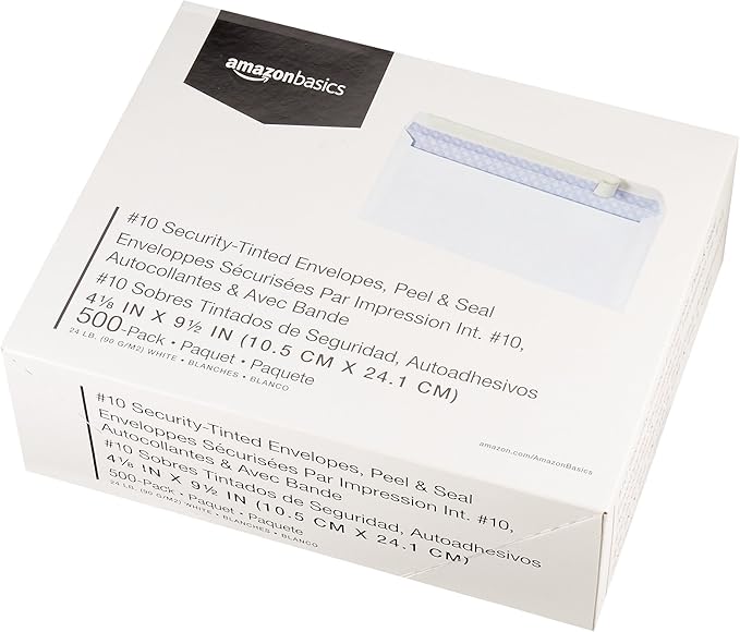 Amazon Basics #10 Security-Tinted Self-Seal Business Envelopes for Documents, Privacy, Home & Office, White, 500-Pack