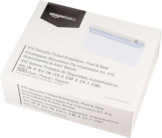 Amazon Basics #10 Security-Tinted Self-Seal Business Envelopes for Documents, Privacy, Home & Office, White, 500 Count (Pack of 5)