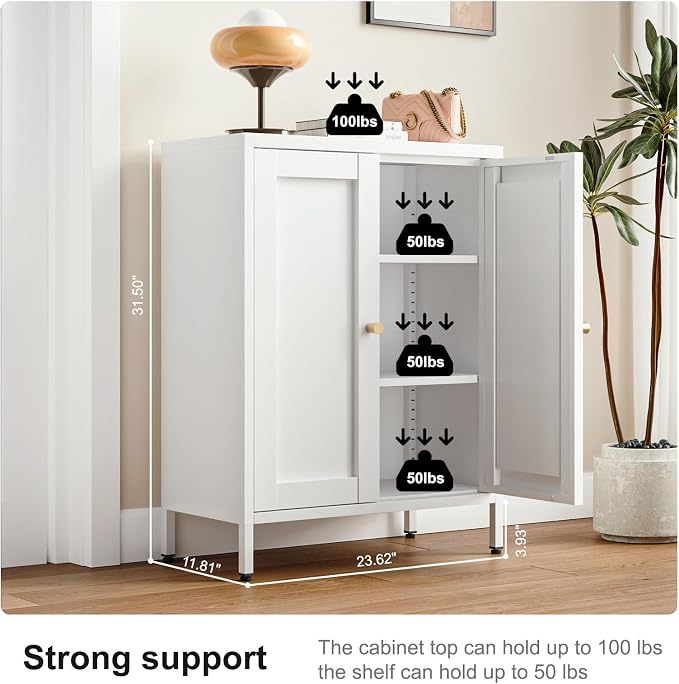 Bevivog Metal Bathroom Floor Storage Cabinet, Small Storage Sideboard with 2 Doors and 2 Adjustable Shelves, 12" Small Cabinets White Freestanding Locker for Entryway, Living Room, Hallway